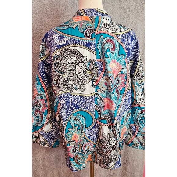 Chico's Paisley 100% Linen Drape Front 3/4 Sleeve Jacket Size 3 XL‎ Teal Blue - Picture 4 of 6